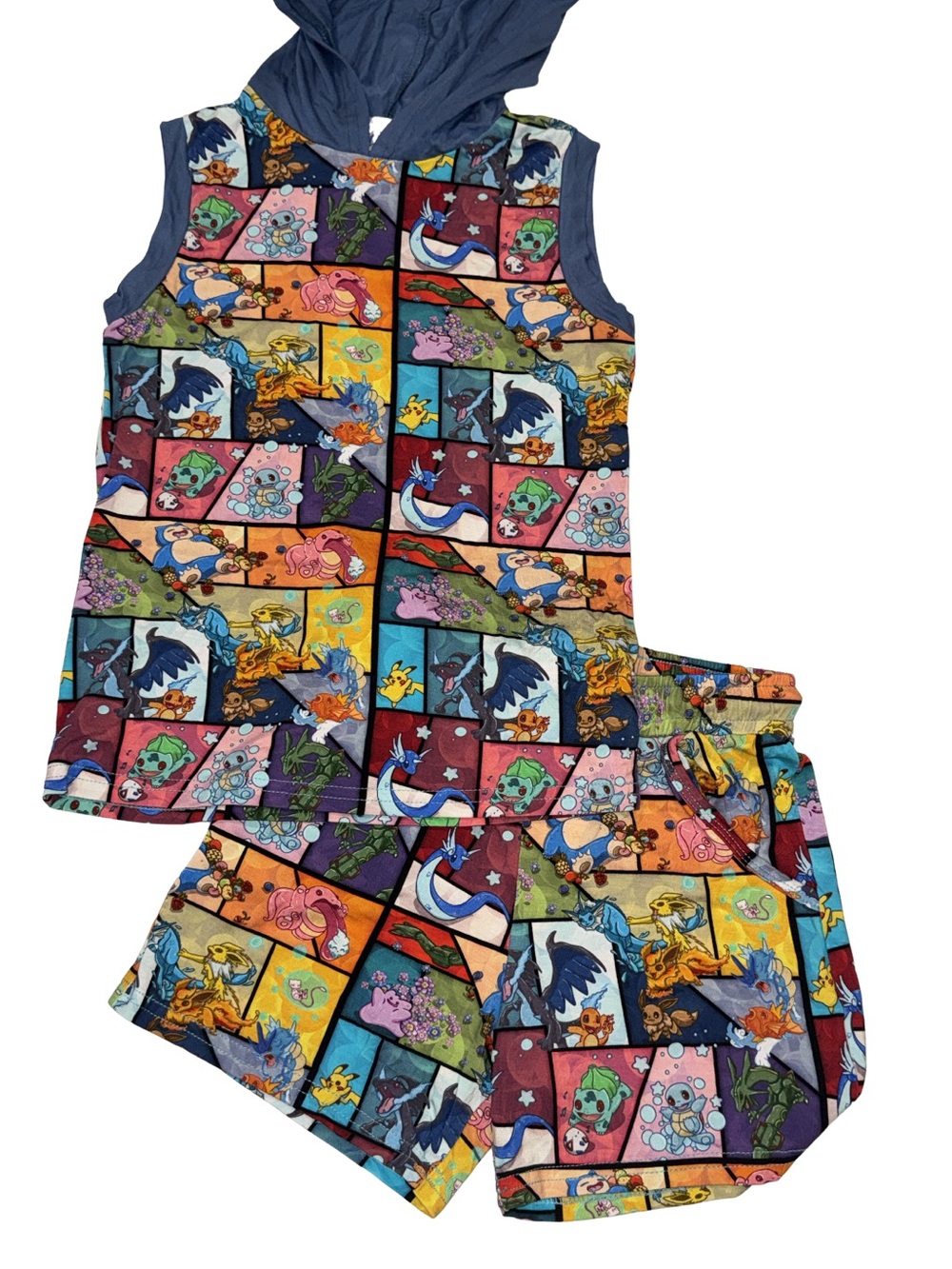 Pokemon Patchwork Hooded Tank & Shorts w drawstring Size 8/9
